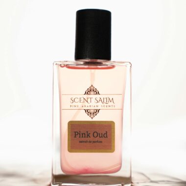 Elegant luxury perfume bottle featuring Pink Oud scent with fine Arabian design.
